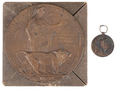 Lot 512 - Pair: WWI Memorial Plaque and Victory Medal to Private W. Thurlow, Devonshire Regiment