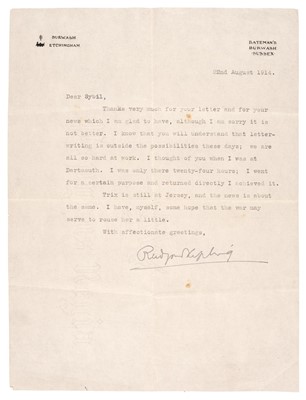 Lot 343 - Kipling (Joseph Rudyard, 1865-1936).  Typed Letter Signed, 'Rudyard Kipling', 22 August 1914