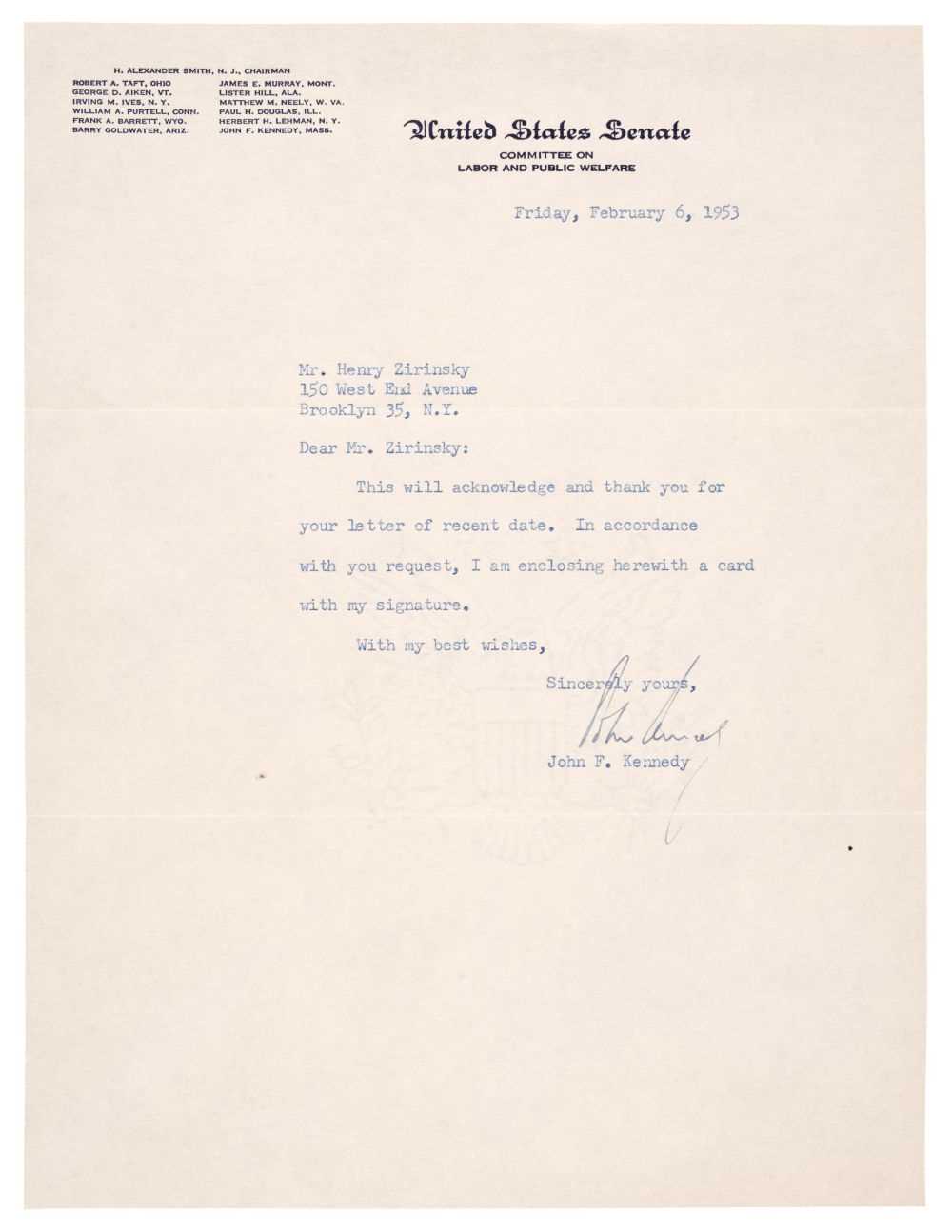 Lot 270 - Kennedy (John Fitzgerald, 1917-1963). Typed Letter Signed, 'John Kennedy',  6 February 1953