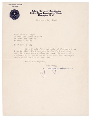 Lot 263 - Hoover (John Edgar, 1895-1972). Typed Letter Signed, 'J. Edgar Hoover', 15 February 1944