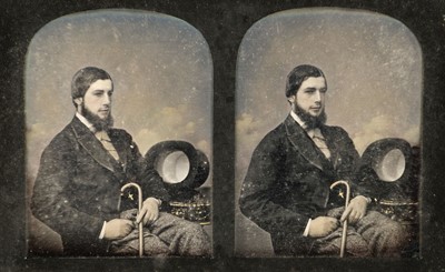 Lot 153 - Stereoscopic daguerreotype. Portrait of an unidentified young man, probably a Gurney family member