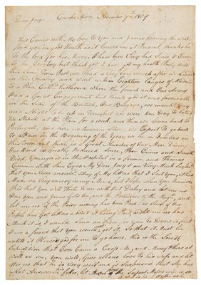 Lot 291 - Peninsular War. Autograph Letter Signed from 'James Carrigan, Band 95th Regiment', 7 November 1809
