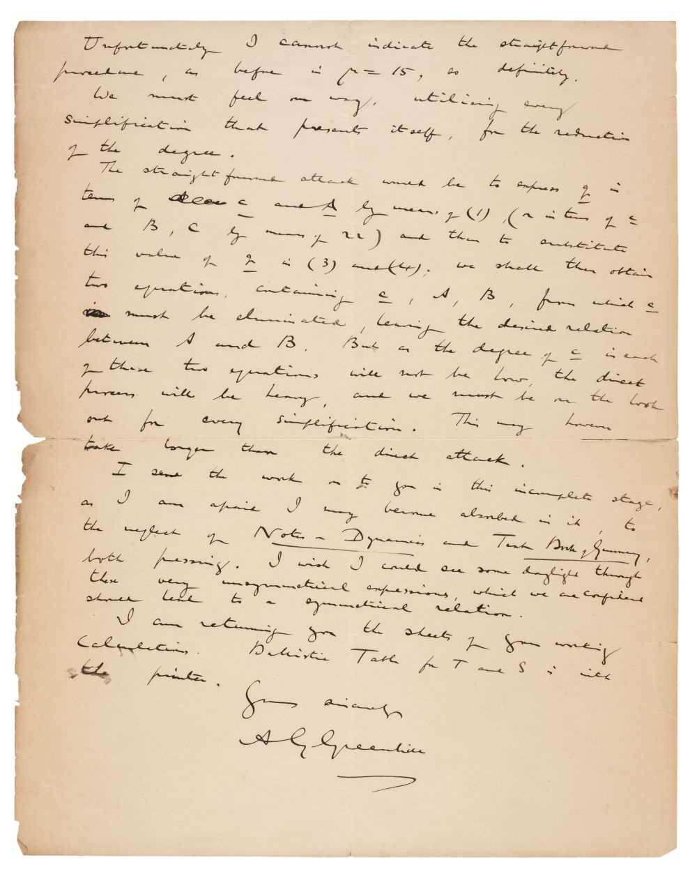 Lot 336 - Greenhill (Alfred George, 1847-1927). Autograph Letter Signed, 'A.G. Greenhill', 20 December 1907