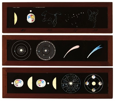 Lot 5 - Astronomical Slides. A set of 12 hand-painted panoramic lantern slides & 1 lever slide of astronomy