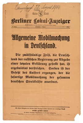 Lot 402 - Outbreak of World War I. Berliner Lokal-Anzeiger, Extra-Blatt, Sonnabend, 1 August 1914