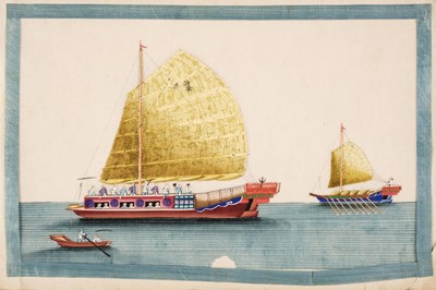 Lot 379 - Chinese Export School. An album of 12 pith paintings of Chinese junks & sailing vessels, 19th c.