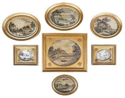 Lot 613 - Embroidered pictures. A collection of 7 oval blackwork pictures, circa 1810-20