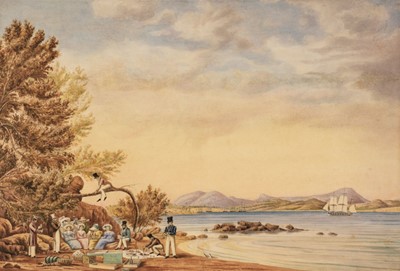 Lot 102 - Colonial School. Picnickers in a bay, with sailing ships, 1830s