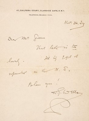 Lot 634 - Wells (Herbert George, 1866-1946). Autograph Letter Signed, 'H.G. Wells', 24 November 1934