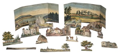 Lot 502 - Miniature scenery. A collection of cut-out figures and 2 backdrops, circa 1870s