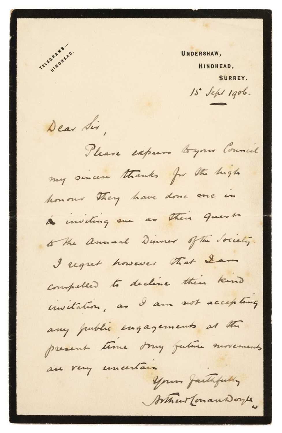 Lot 626 - Doyle (Arthur Conan, 1859-1930). Autograph Letter Signed, 'Arthur Conan Doyle', 15 September 1906