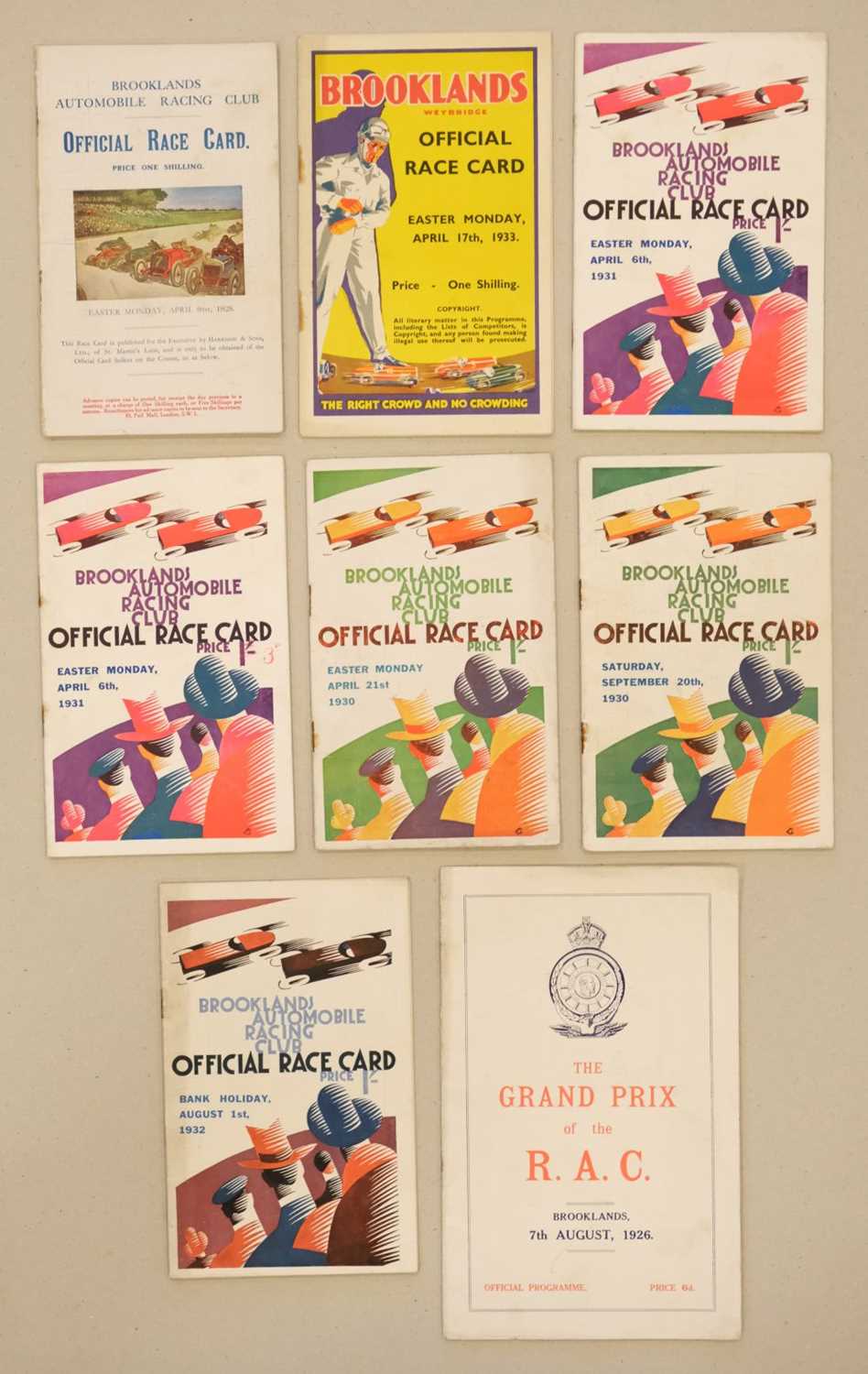 Lot 413 - Brooklands Automobile Racing Club. Official Race Card, 7 original printed programmes