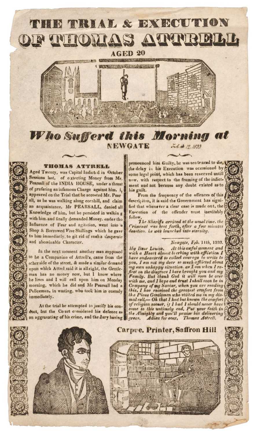 Lot 220 - Murder broadsides. The Trial and Execution of Thomas Attrell, 1833