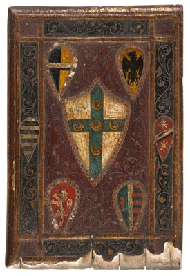 Lot 1 - Joni (Icilio Frederico, 1866-1946). Pair of painted & gilded panels imitating a 15th century binding