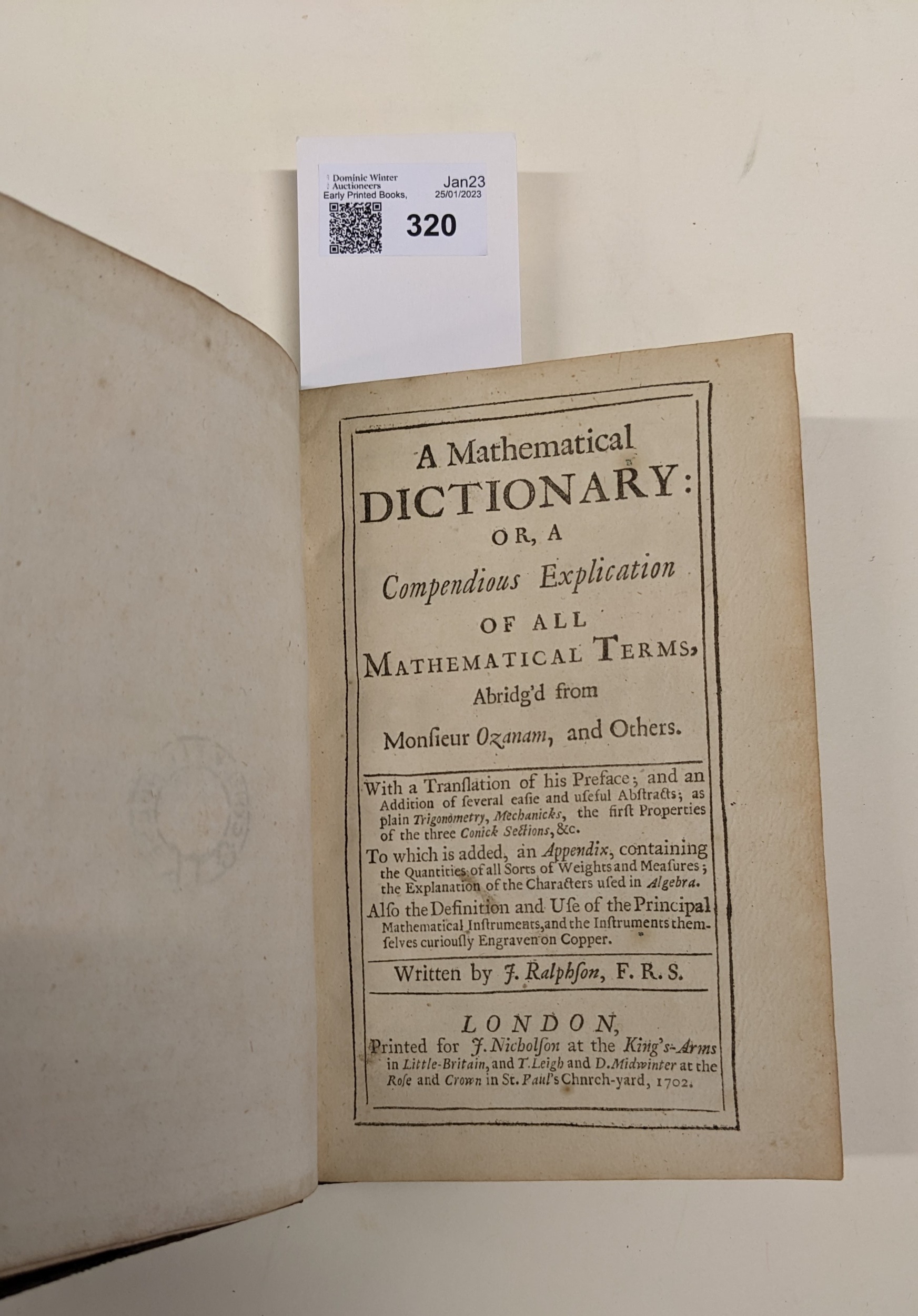 Lot 320 Ozanam (Jacques). A Mathematical Dictionary,