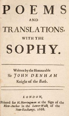 Lot 291 - Denham (Sir John). Poems and Translations, with the Sophy, 1668