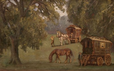 Lot 235 - Manner of Alfred Munnings (1878-1959). Gypsy Caravans