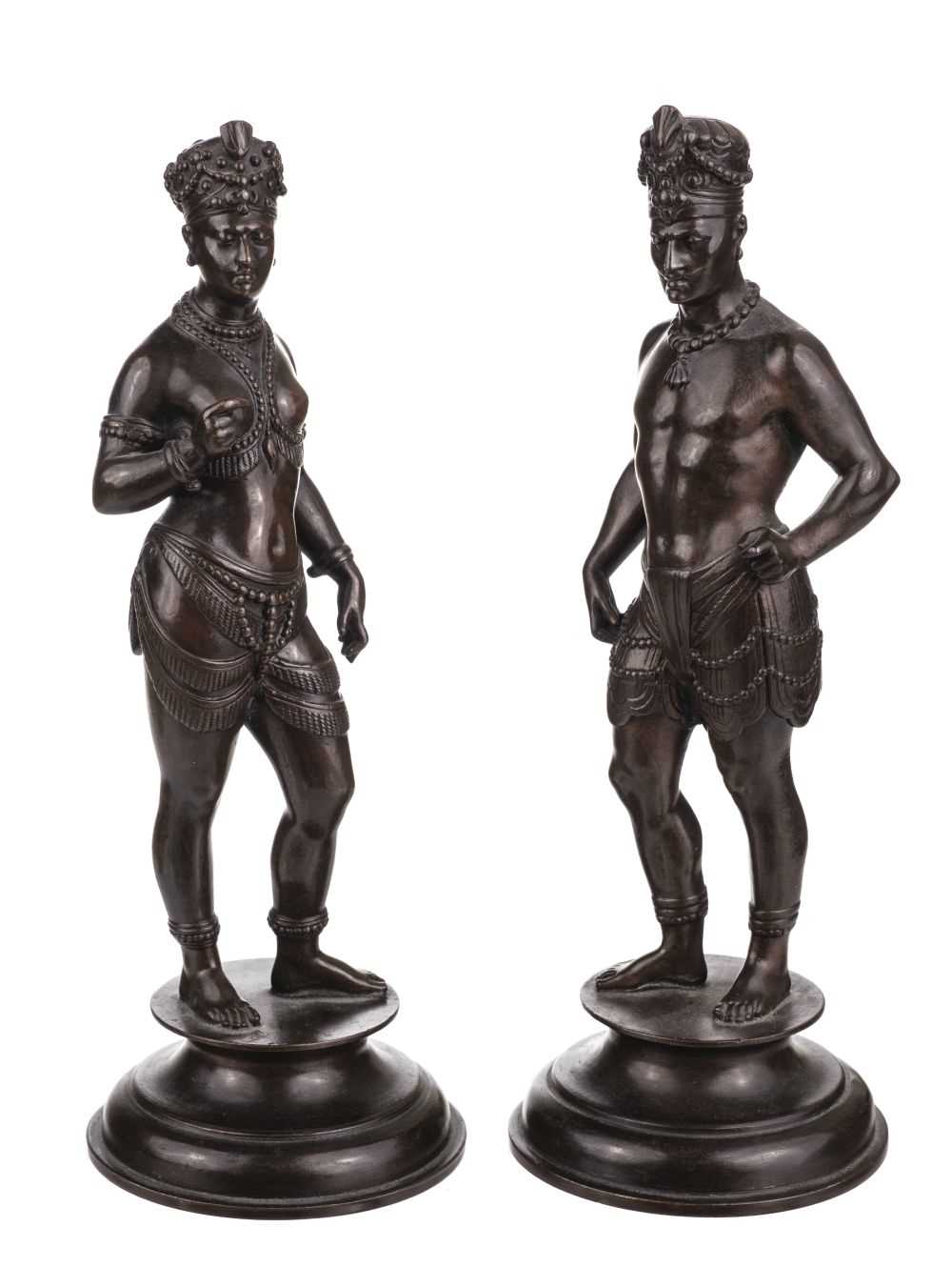 Lot 427 - Indian School. A pair of late 19th century Indian bronze figures