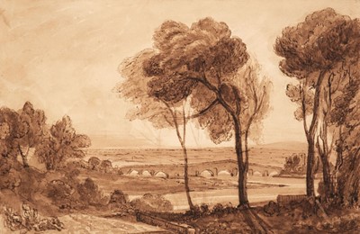 Lot 96 - J.M.W. Turner 1775-1851., Bridge in the Middle Distance, sepia watercolour