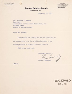 Lot 211 - Kennedy (John Fitzgerald, 1917-1963). yped Letter Signed, 'John Kennedy', 27 February 1957