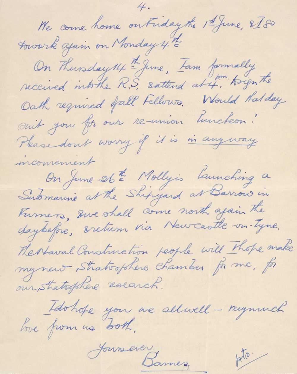 Lot 227 - Wallis (Barnes Neville, 1887-1979). Autograph Letter Signed, 'Barnes', Whit Sunday, 20 May 1945