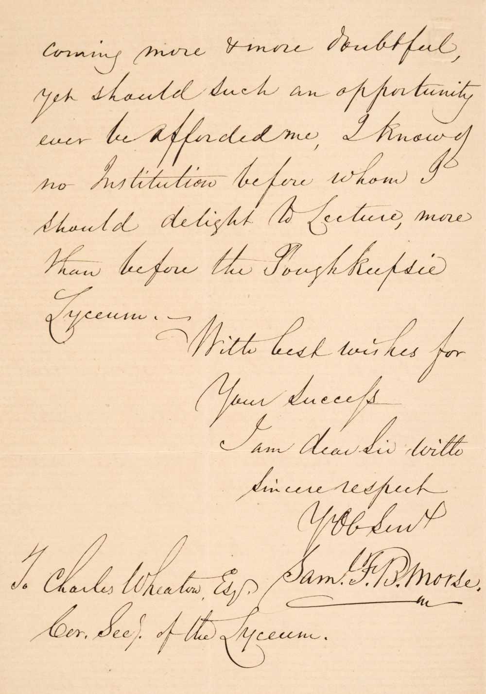 Lot 219 - Morse (Samuel Finley Breese, 1791-1872). Autograph Letter Signed, 'Saml. F.B. Morse', November 1856