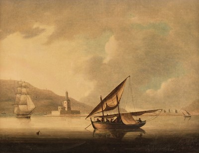 Lot 72 - Attributed to Thomas Buttersworth (circa 1768-1842). Shipping in an estuary with sea fort
