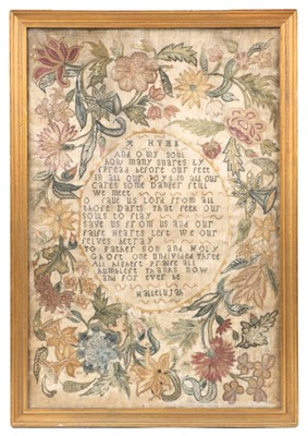 Lot 611 - Embroidered picture. A silkwork hymn sampler, circa 1750, & a metalwork picture of the Virgin Mary