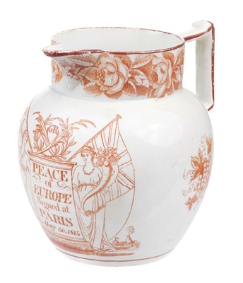 Lot 544 - Duke of Wellington. A George III pearlware jug to commemorate the Treaty of Paris 30 May 1814