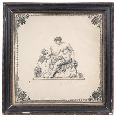 Lot 608 - Embroidered picture. A blackwork Regency embroidery of Venus & Cupid, circa 1800, & others