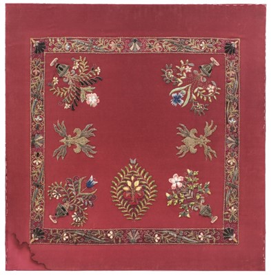 Lot 605 - Embroidered  panel.  A silk panel of 18th century appliquéd embroidered metalwork motifs, & others