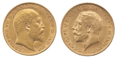 Lot 521 - Edward VII. Gold Half Sovereign, 1909 and George V, half sovereign, 1912