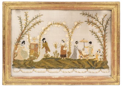 Lot 609 - Embroidered picture. A chenille picture of Regency figures in a garden, circa 1810