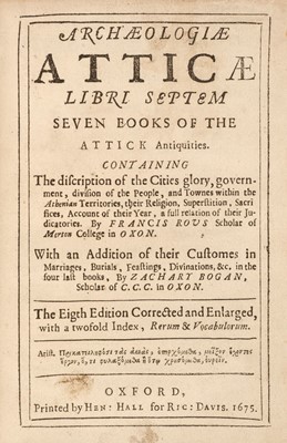 Lot 163 - 1675 Rous (Francis). Archaeologiae Atticae libri septem, 8th edition, 1675