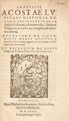 Lot 285 - Acosta (Emanuel). Historia rerum a Societate Jesu in Oriete gestarum, Paris: Michaëlem Sonnium, 1572
