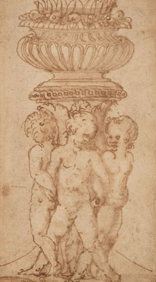 Lot 11 - Circle of Giulio Romano, Putti before an Urn bearing Fruits, circa 1520, pen and ink