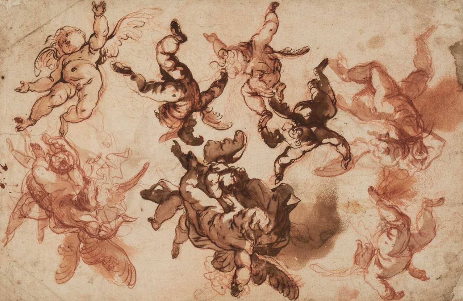 17 - Piola (Domenico, 1627-1703). Studies of Putti in Flight, pen and ink and wash