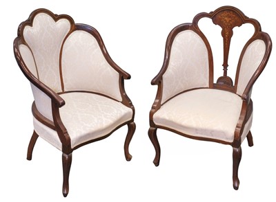 Lot 472 - Chairs. A matched pair of Edwardian inlaid mahogany salon chairs