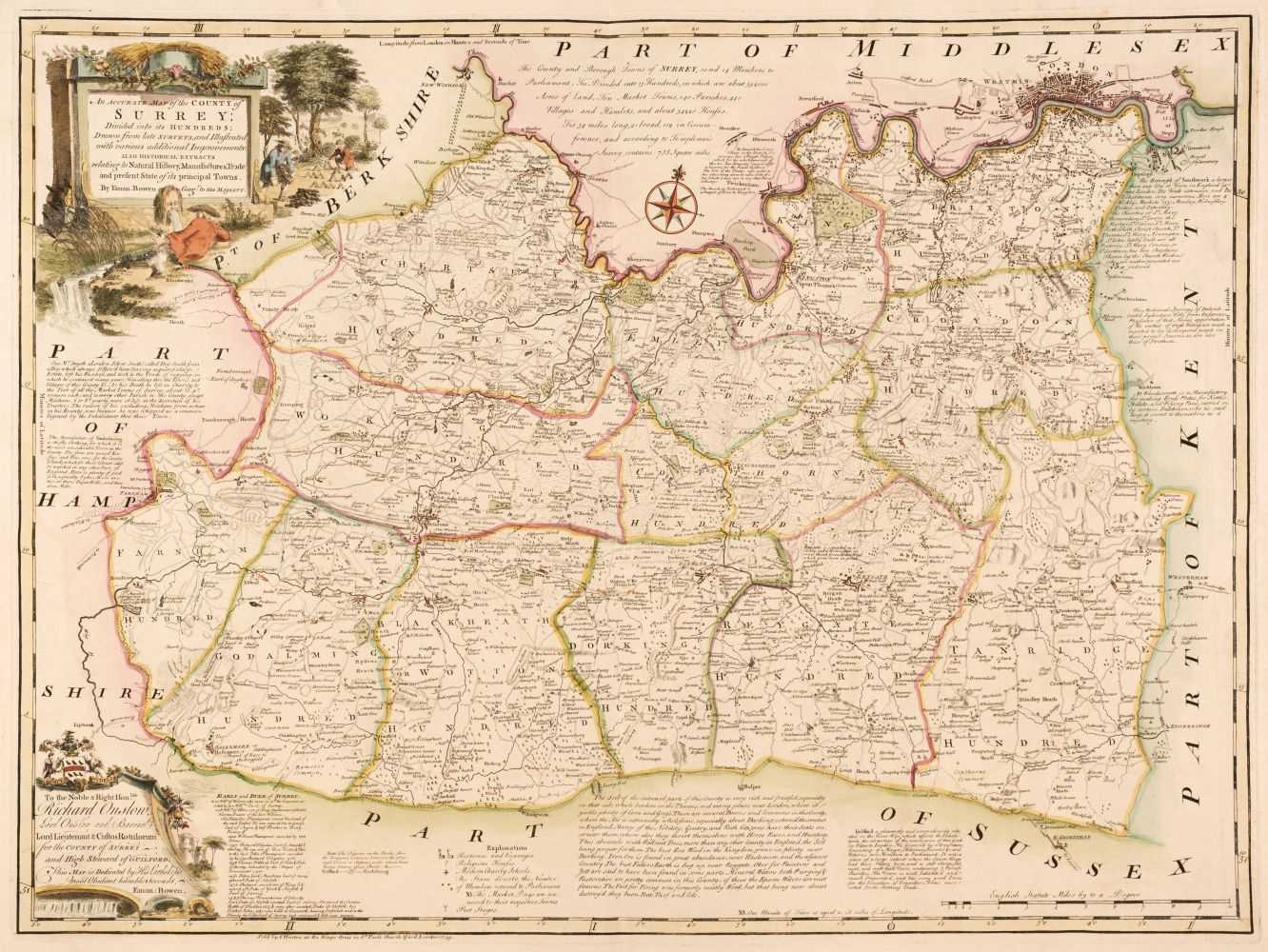 Lot 178 - Surrey. Bowen (Emanuel), An Accurate Map of the County of Surrey; divided into hundreds;  1749