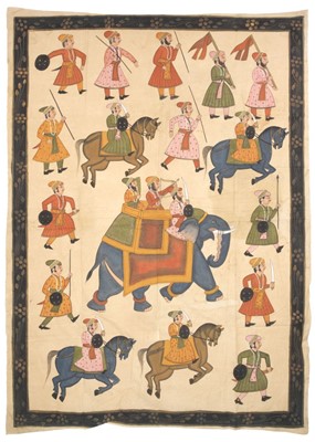 Lot 634 - Mughal. A large hand-painted panel of an elephant and figures, early 20th century