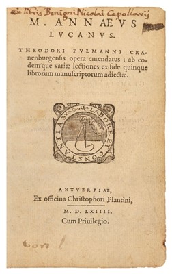 Lot 283 - Pulmanni (Theo). M. Annaeus Lucanus, Antwerp: Christophori Plantini, 1564