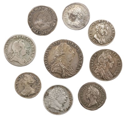 Lot 504 - Elizabeth I (1558-1601). Threepence, 1575, fine, together with Charles II (1660-85) and other coins
