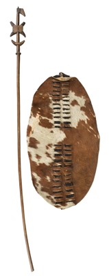 Lot 464 - Tribal Art. A 19th century high ranking Zulu leaders shield (Ihawu) and staff