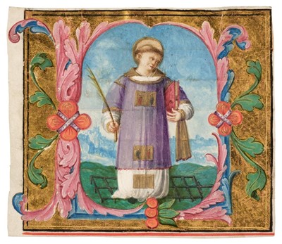 Lot 282 - Illuminated Miniature. An illuminated initial fragment with miniature of Saint Lawrence, c.1500(?)