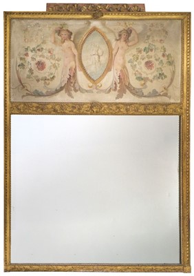 Lot 654 - Mirror. A large painted and gilt trumeau overmantle, English, circa 1790-1810