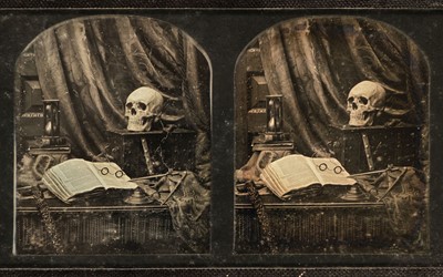 Lot 87 - Williams (Thomas Richard, 1824-1871). Vanitas still life with skull, open book, glasses... , 1850-52