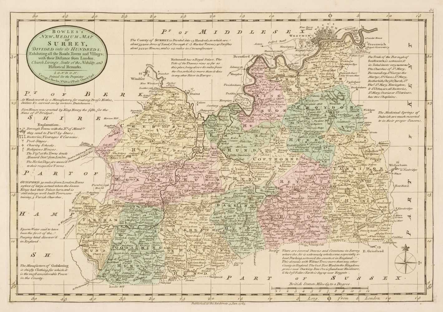 Lot 129 - Surrey. Bowen (Emanuel & Kitchin Thomas), Bowles's New Medium Map of Surrey..., 1785