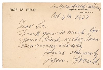 Lot 122 - Freud (Sigmund, 1856-1939). Autograph Letter Signed, 'Sigm. Freud', 4 October 1938