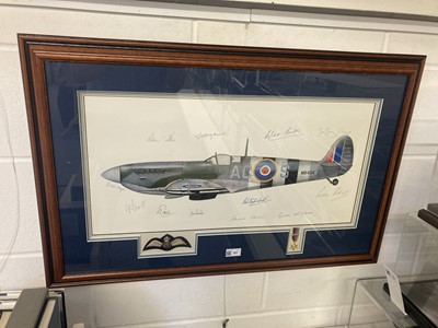 Lot 201 - Battle of Britian. Supermarine Spitfire MH434, side profile multi signed colour lithograph