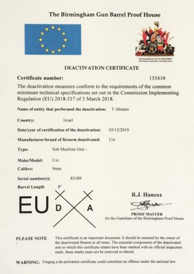 Lot 144 - Deactivated Gun. An Israeli Uzi Sub Machine Gun